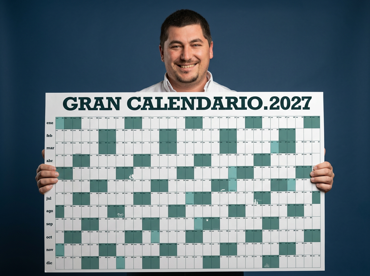 Claudio sosteniendo el Gran Calendario 2027 sobre un fondo azul